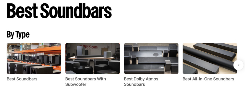 An image showing a portion of the soundbars recommendations page which lists multiple articles sorted by type.