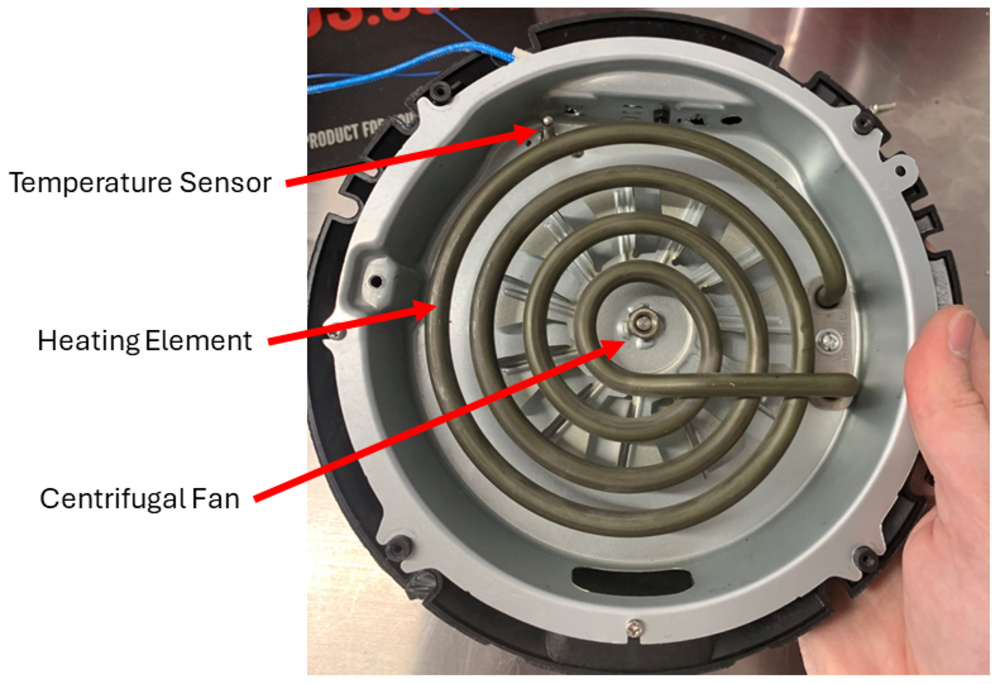 A disassembled air fryer, showing its cooking system components: the heating element, fan, and temperature sensor.