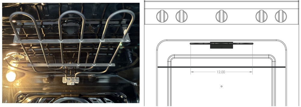 The broil element of the Frigidaire Gallery 30" and a drawing showing its width relative to the cooking chamber.