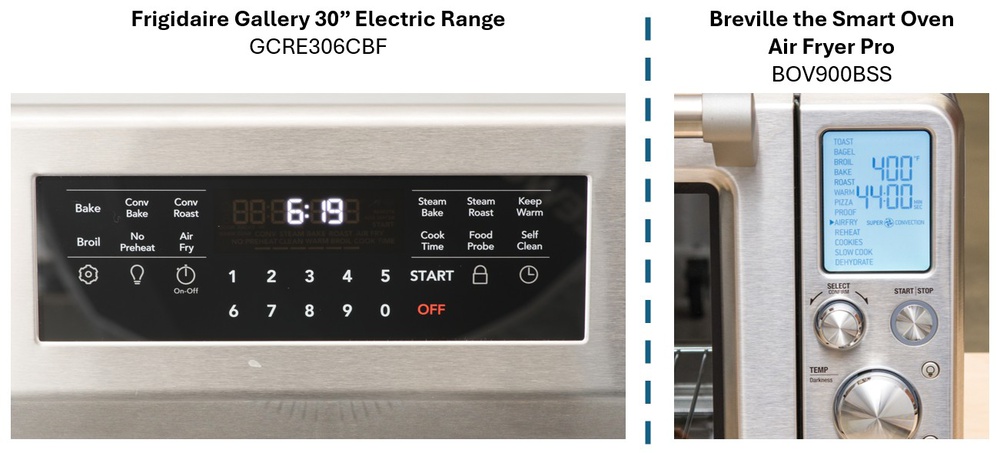 Control panels of the Frigidaire Gallery 30” Electric Range and the Breville the Smart Oven Air Fryer Pro, showing various cooking modes.