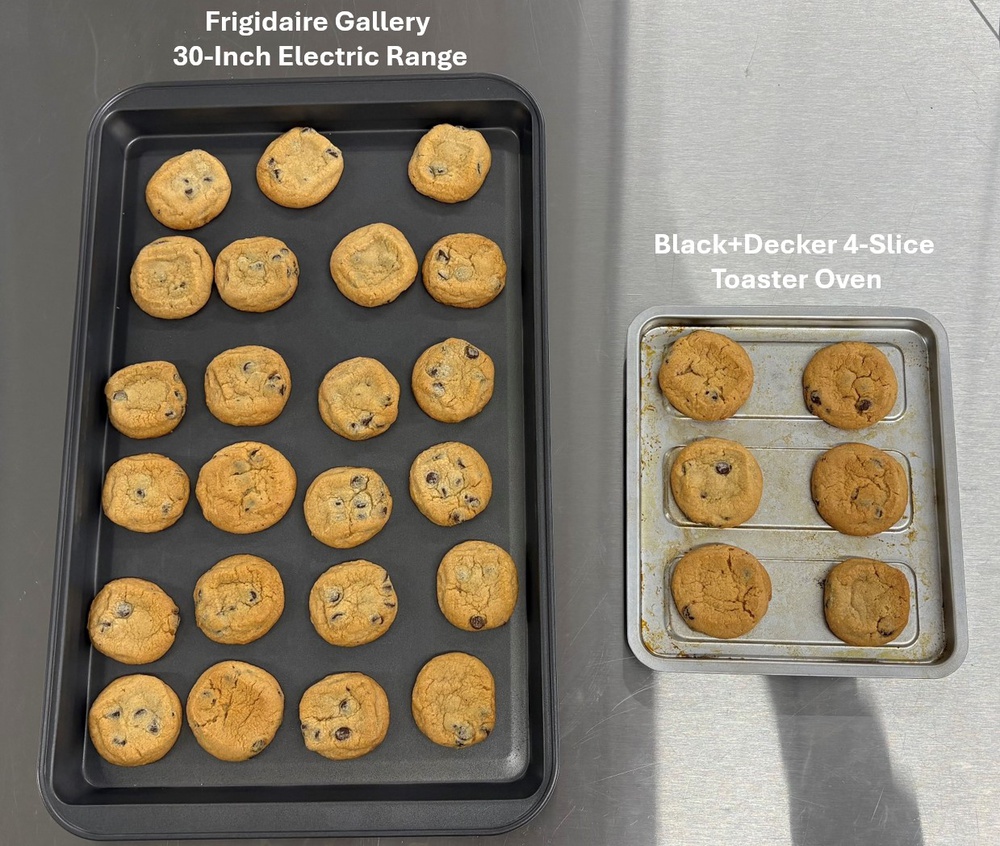 Cookies basked in the Frigidaire (left) and Black+Decker 4-Slice Toaster Oven (right). The Frigidaire baked 24 cookies versus the Black+Decker's 6, however the quality is nearly identical