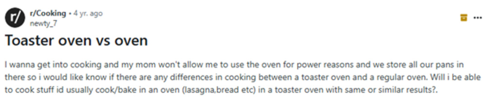 A Reddit post asks if a toaster oven can cook foods like lasagna and bread with similar results to a regular oven.