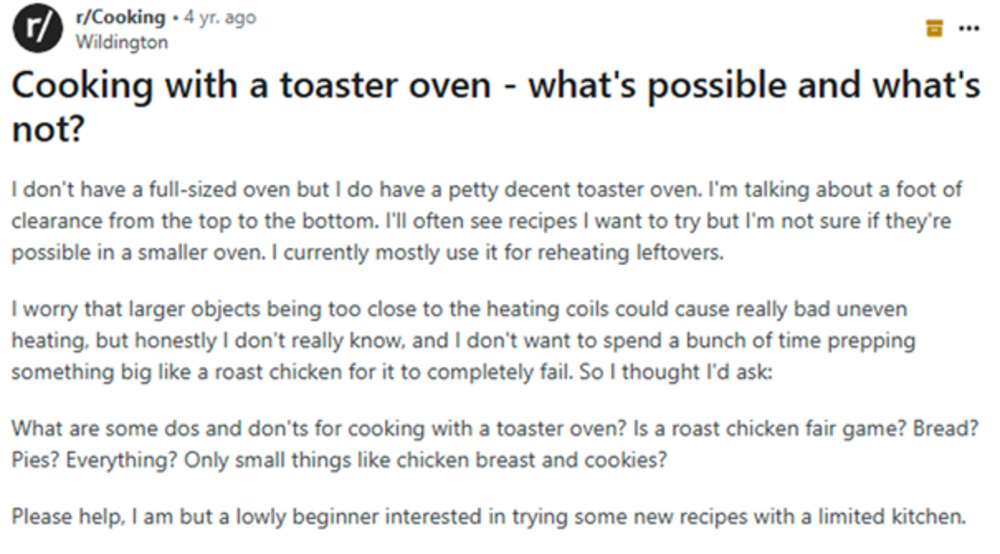 A Reddit post asks what foods can be cooked in a toaster oven, wondering if it can handle roast chicken, bread, pies, or just small items like cookies.