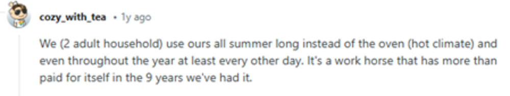 A Reddit comment says their two-person household uses a toaster oven year-round, especially in summer, and it has been reliable for nine years.