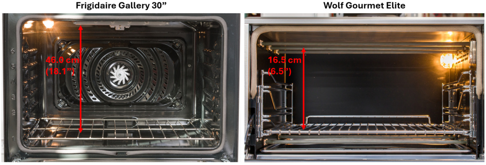 Comparison of usable height within the cooking chambers of the Frigidaire Gallery 30" full-size oven (46.0 cm) and the Wolf Gourmet Elite (16.5 cm).