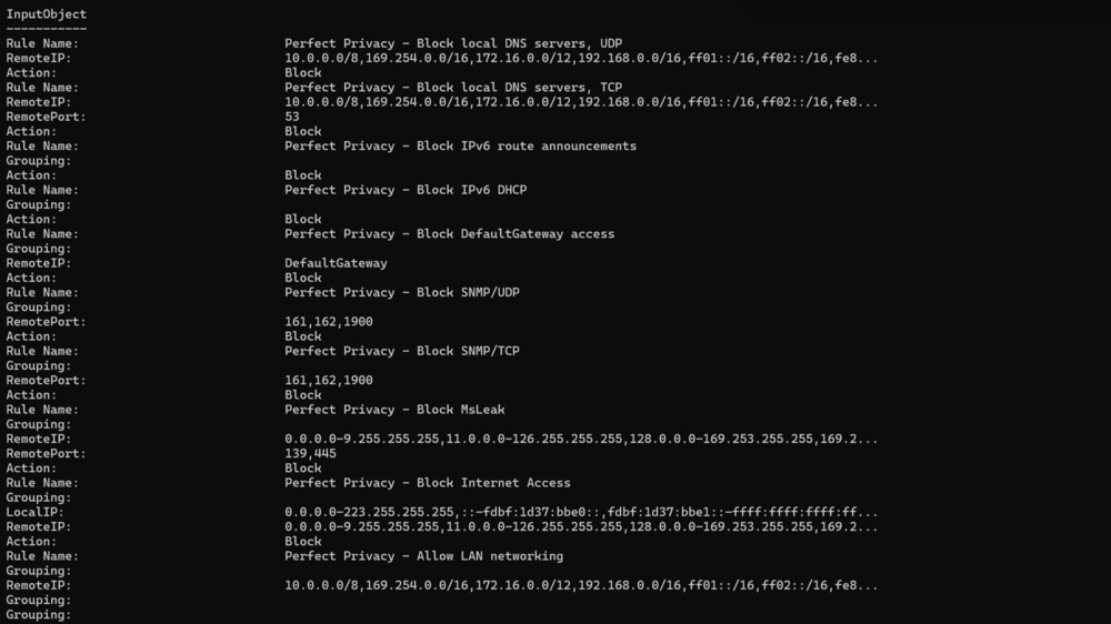 Powershell output of the windows firewall rules showing the rules set by perfect privacy.