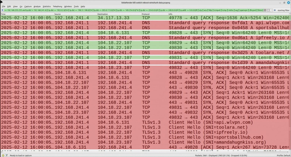 Wireshark trace of funny server names used by Bitdefender VPN.