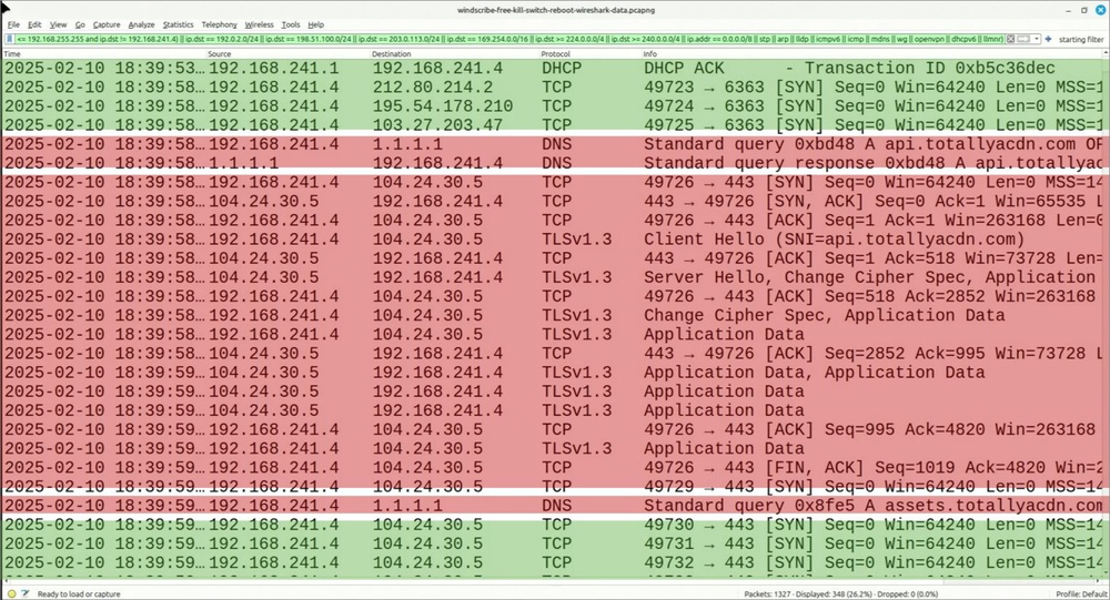 Wireshark trace of Windscribe Free reconnection example, leaking information but only about itself.