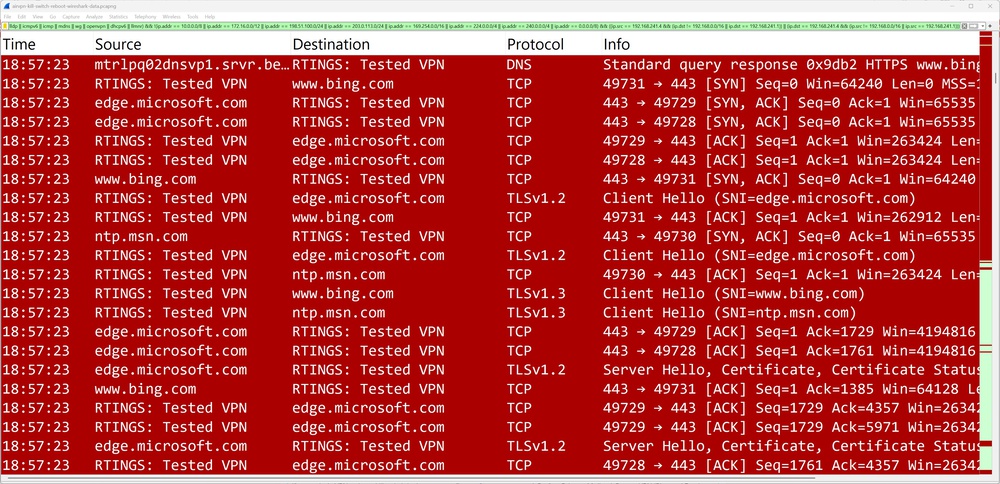 Wireshark trace of AirVPN's kill switch failing to block traffic during a reboot.