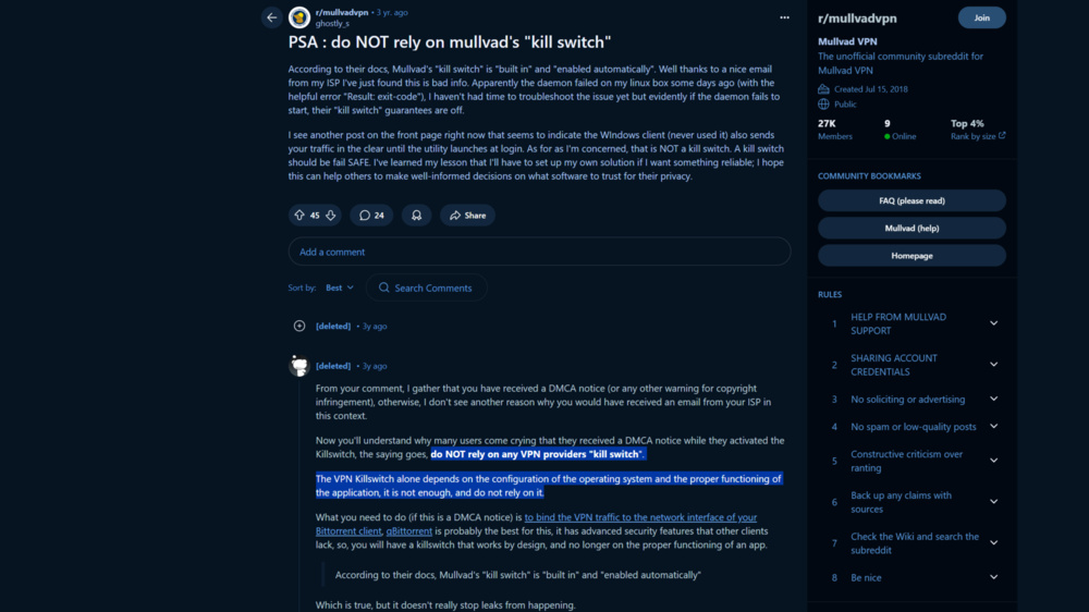 Reddit post about the Mullvad kill switch not working as expected.