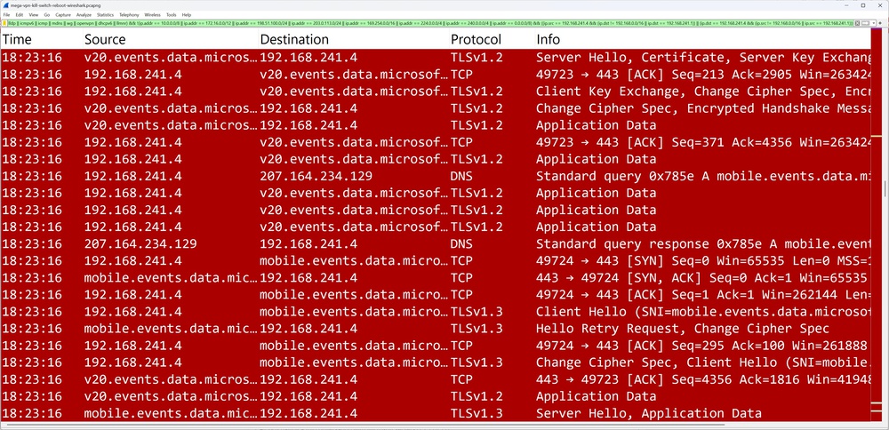 Wireshark trace of MEGA VPN's kill switch failing to block traffic during a reboot.