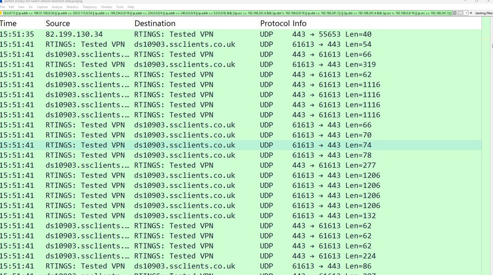 Wireshark trace of perfect privacy traffic during a reboot showing no leaks.