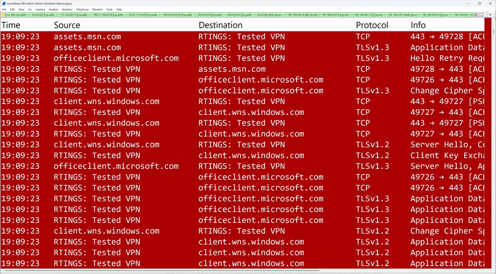 Wireshark trace of Tunnelbear's kill switch failing to block traffic during a reboot.