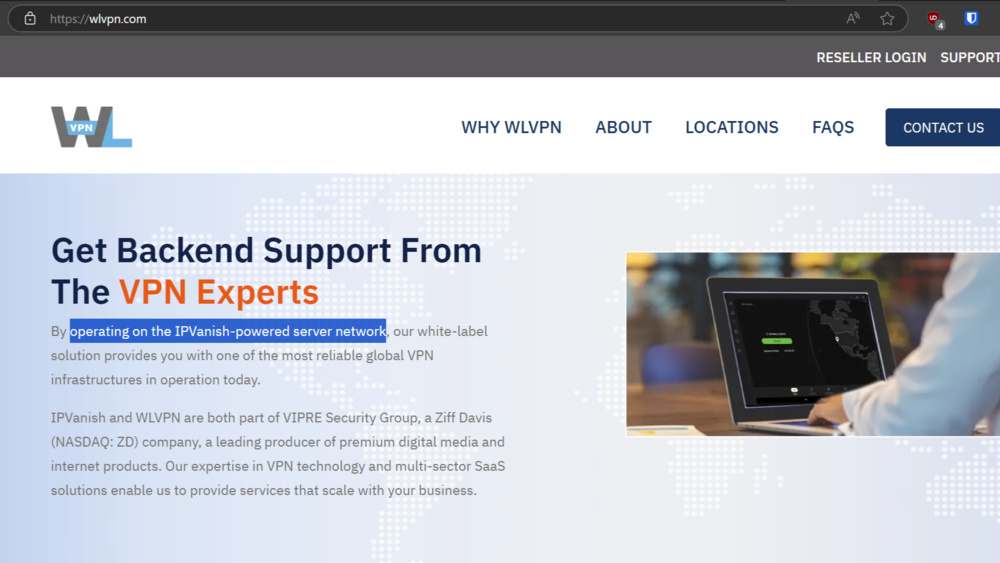 wlvpn.com landing page, stating that it's using the IPVanish/VIPRE network.