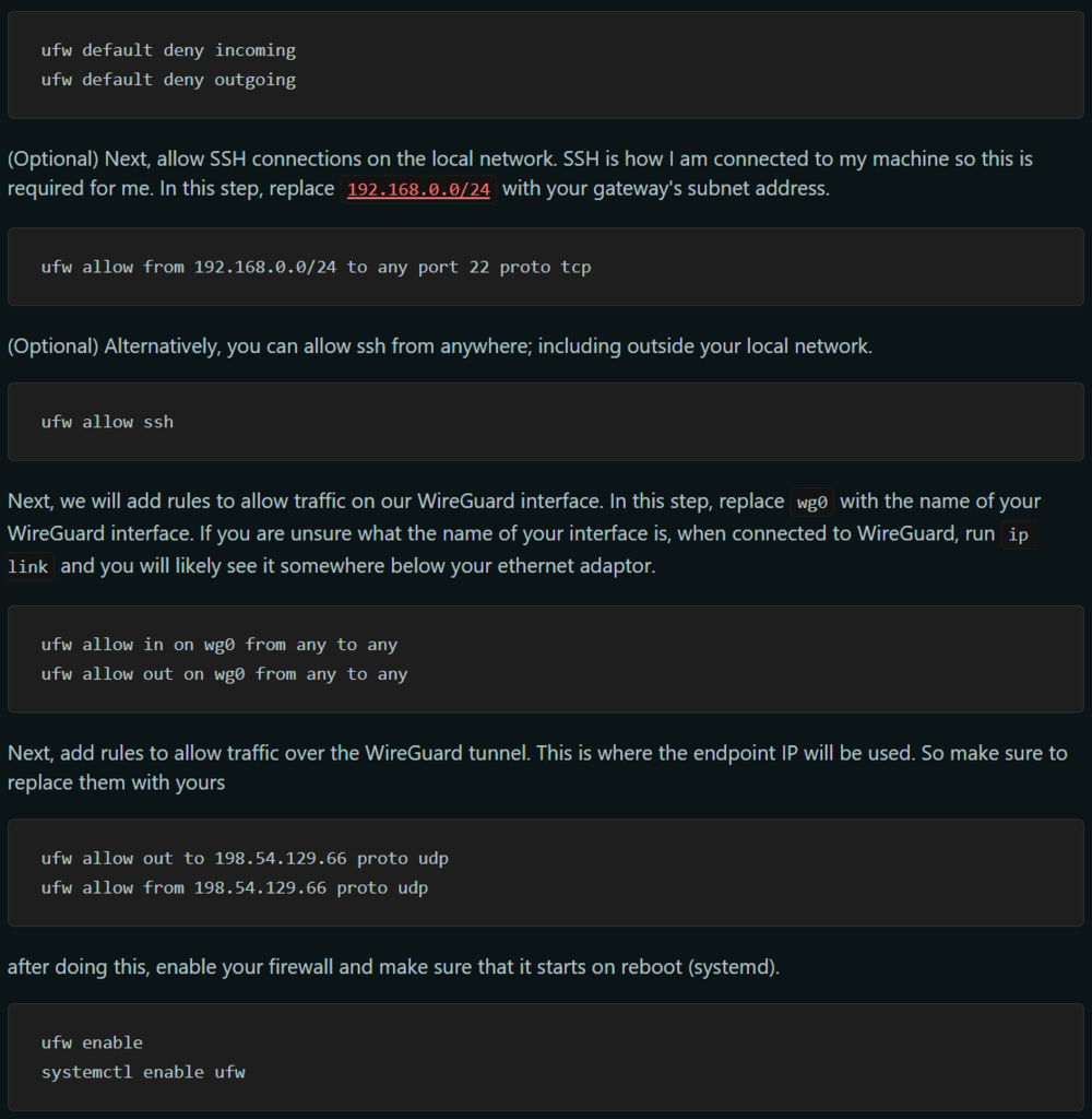 Reddit screenshot of Linux ufw commands to setup your own VPN kill switch.