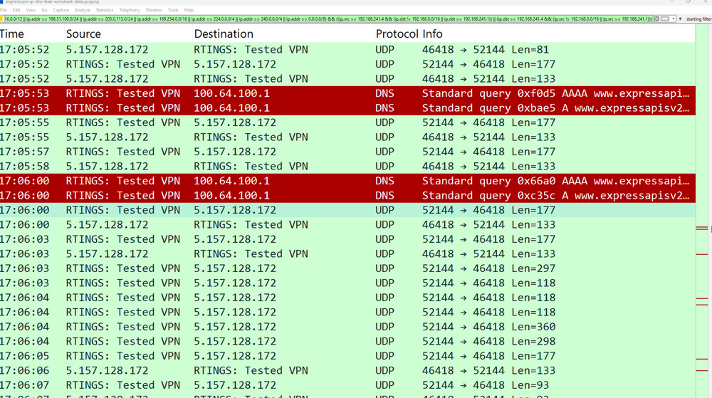 Wireshark trace of ExpressVPN leaking DNS queries to their servers while connected.