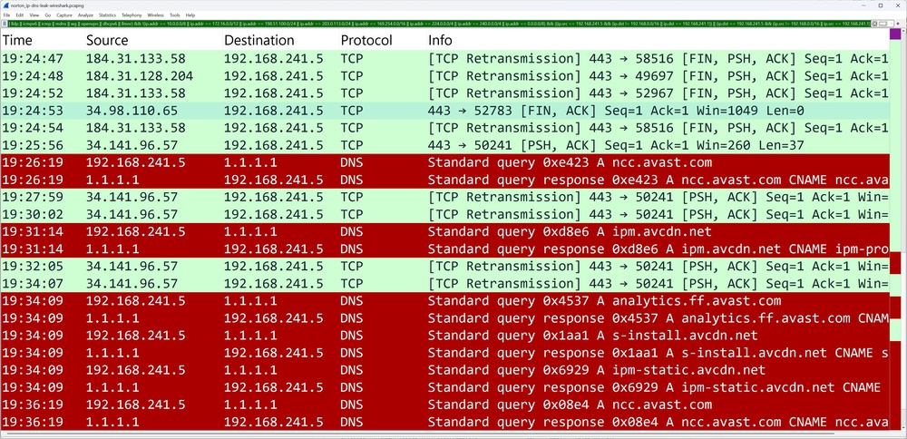 Wireshark trace of Norton VPN leaking DNS queries to their servers while connected.