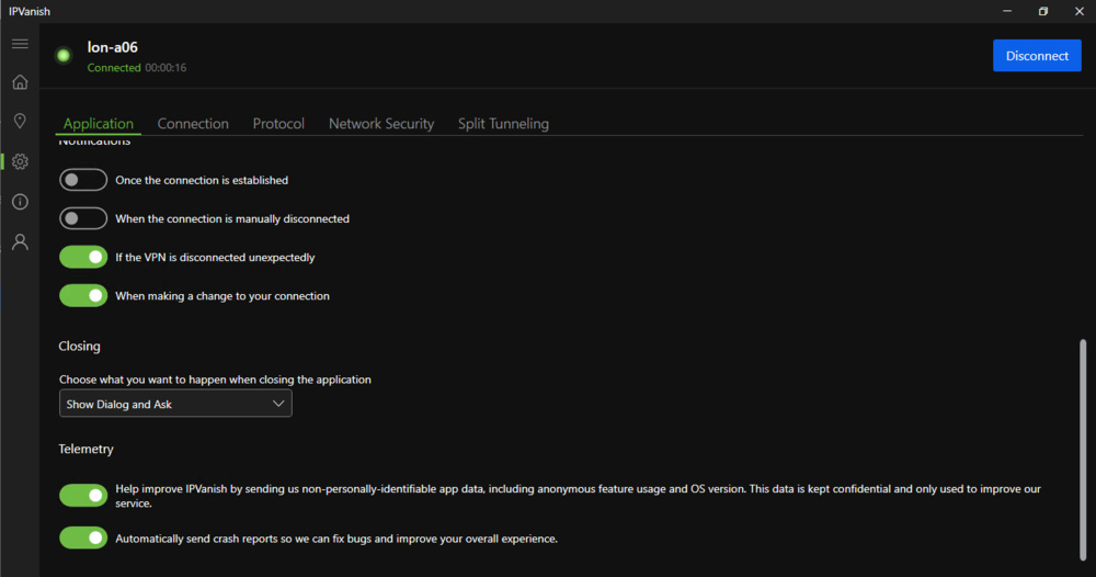 Screenshot of IPVanish settings page showing the telemetry is enabled by default.
