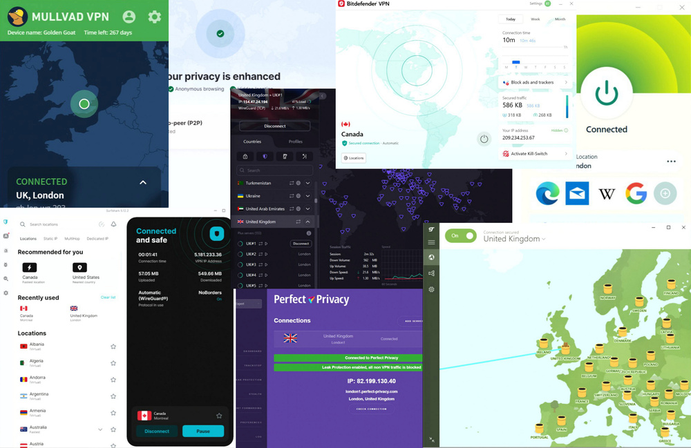 A screenshot mosaic of different VPN clients.