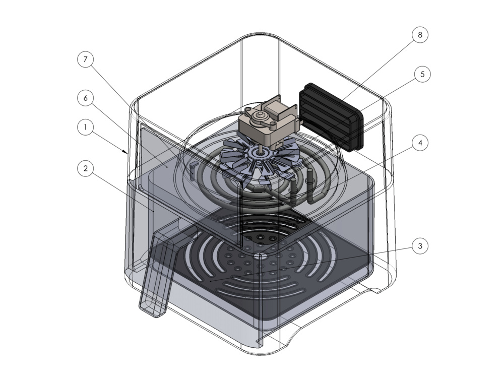 Internal schematic diagram of an air fryer assembly showing labeled components, including the fan, heating element, and basket.