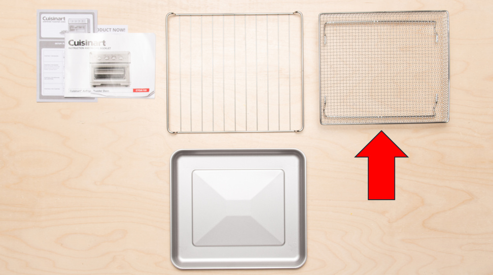 Accessories for the Cuisinart Air Fryer TOA-60 toaster oven, including a mesh air fry basket.
