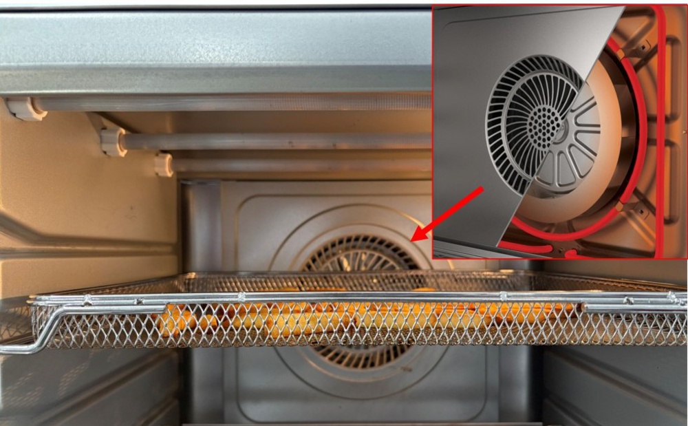A close-up shot of the fan placement inside the Ninja Foodi DT201, accompanied by a cutaway view showing a dedicated heating element surrounding the fan.