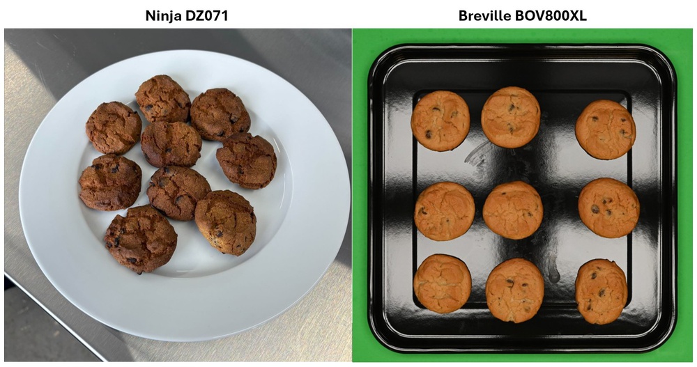 Side-by-side comparison of cookies baked in the Ninja DZ071 (left) and the Breville The Smart Oven BOV800XL (right), showing differences in browning and texture.