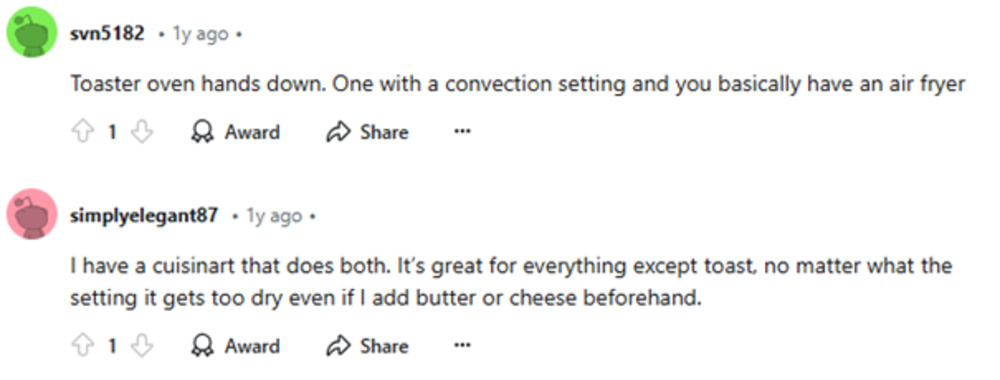 Two Reddit comments: One stating a preference for toaster ovens with convection settings, comparing them to air fryers; the other describing a Cuisinart that combines both functions, noting it works well except for making toast, which turns out too dry.