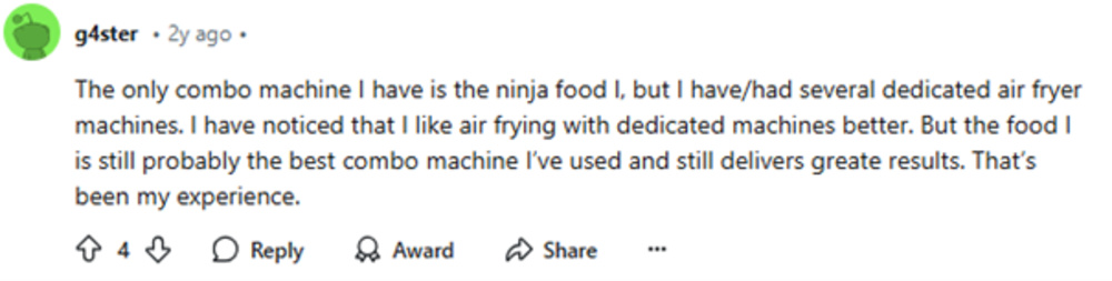 A Reddit comment comparing combo machines and dedicated air fryers, praising the Ninja Foodi as the best combo machine they've used, though they prefer air frying with dedicated machines.