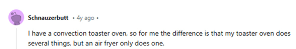 A Reddit comment highlighting that a convection toaster oven offers multiple functions, while an air fryer serves a single purpose.