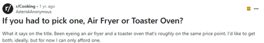 Reddit comment asking others their number one choice between air fryers or toaster ovens.