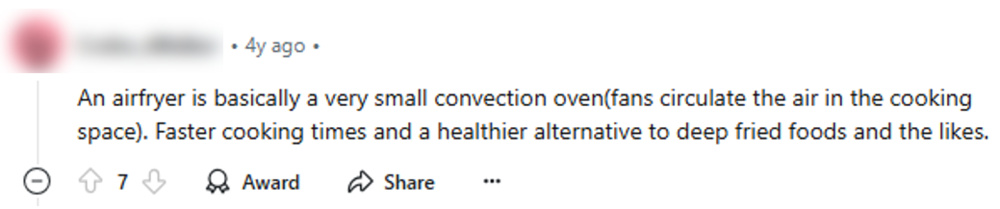 A Reddit comment comparing air fryers to small convection ovens, highlighting faster cooking and health benefits.
