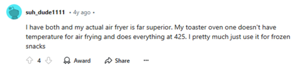 A Reddit comment stating that a dedicated air fryer is far superior to a toaster oven air fryer, which lacks temperature control and defaults to 425 °F, making it suitable only for frozen snacks.