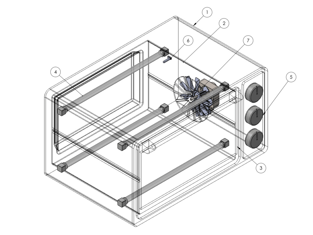 Internal schematic diagram of a toaster oven assembly showing labeled components, including heating elements, a fan, and control knobs.
