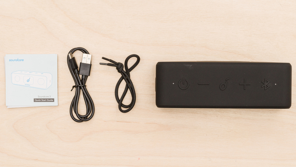 The Anker Soundcore 3 comes with a charging cable, carrying cord, and Quick Start guide.