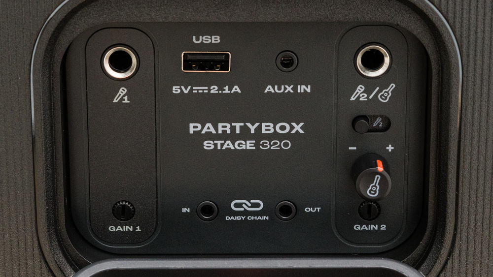 Along with the fairly common USB and AUX inputs, the JBL PartyBox Stage 320 has inputs for a guitar and microphones.