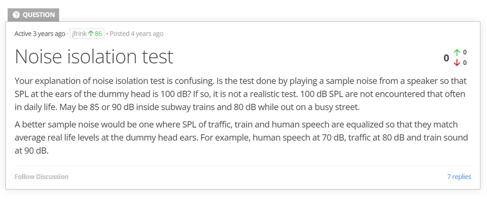 Image of user comment about noise isolation test