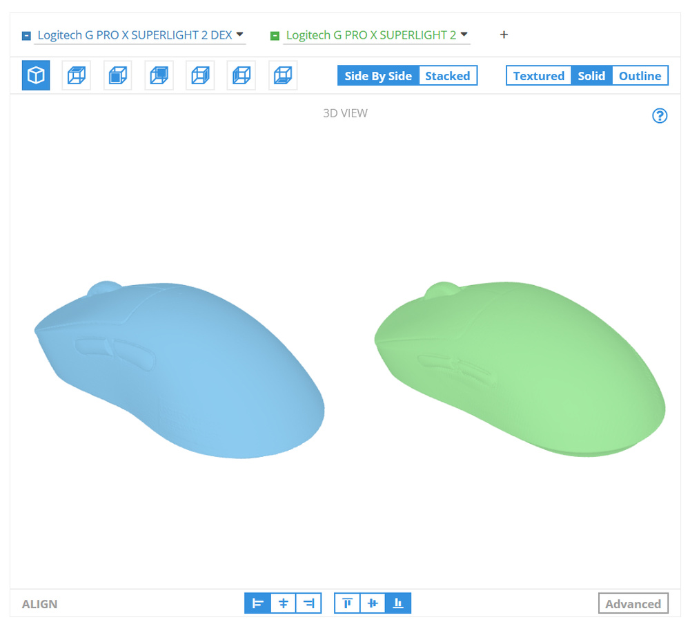 Our 3D shape tool visaulizes each mouse shape in a 3D space so you can compare them.