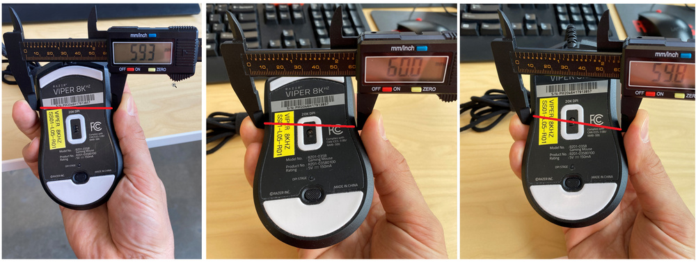 We test the grip width of mice with a pair of calipers.