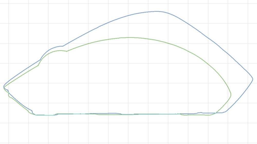Logitech MX Master 3S (blue) vs. Fantech Aria XD7 (green) side profile outline.