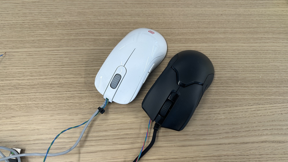 BenQ Zowie FK1-B and Razer Viper 8KHz wired for oscilloscope testing.