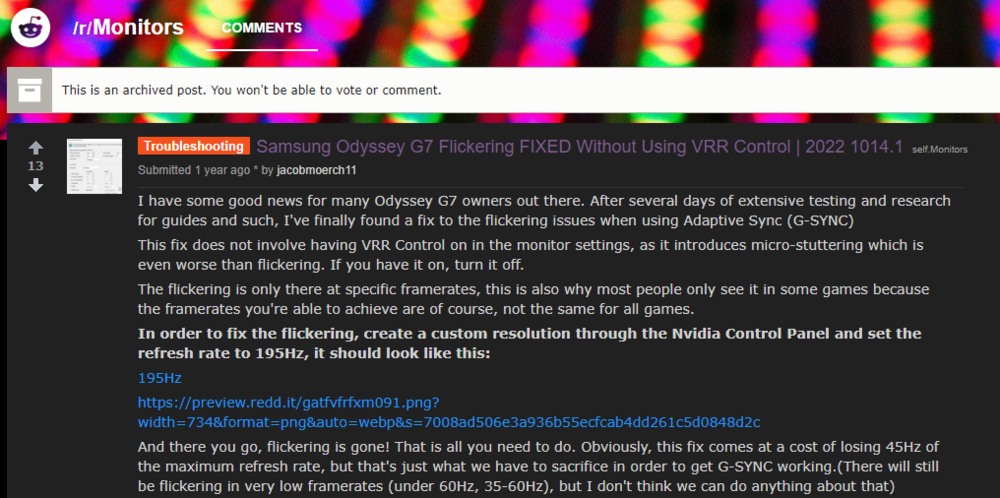 Reddit user comment on the Samsung Odyssey G7