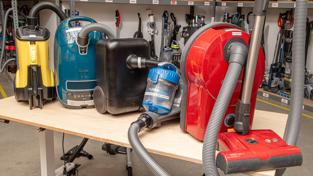A few of the vacuums we've tested. From left to right: Eureka Mighty Mite, Miele Complete C3 Alize, Eureka Whirlwind Bagless Canister, and SEBO Airbelt D4 Premium