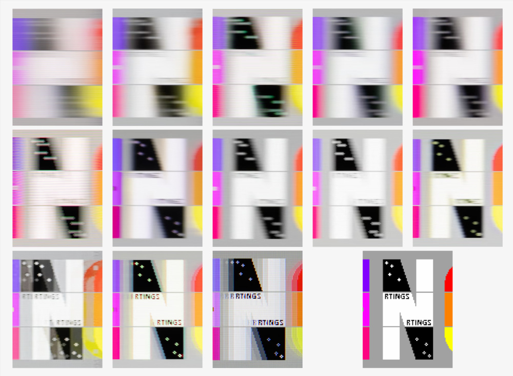 Motion clarity of a selection of our tested monitors, from worst to best. Pattern ideal at lower right.