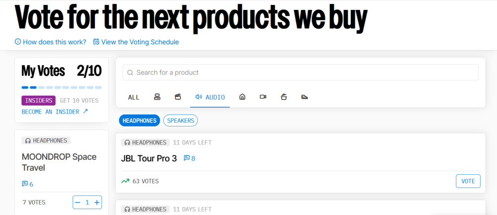A screenshot shows the page for voting on the next headphones we purchase for review.