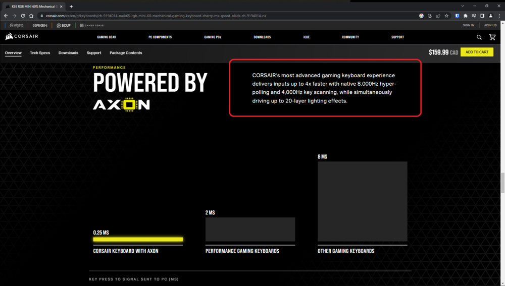 An image from the product page of the Corsair K65 RGB MINI, with a highlight showing its native 8000Hz polling rate and 4000Hz key scanning rate.