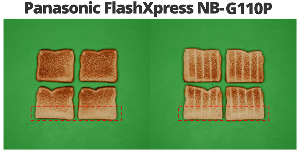 Toasting results from the Panasonic FlashXpress NB-G110P toaster oven. The same four slices are shown before and after flipping, revealing uneven browning with under-toasted bottom edges, highlighted by red dashed boxes.