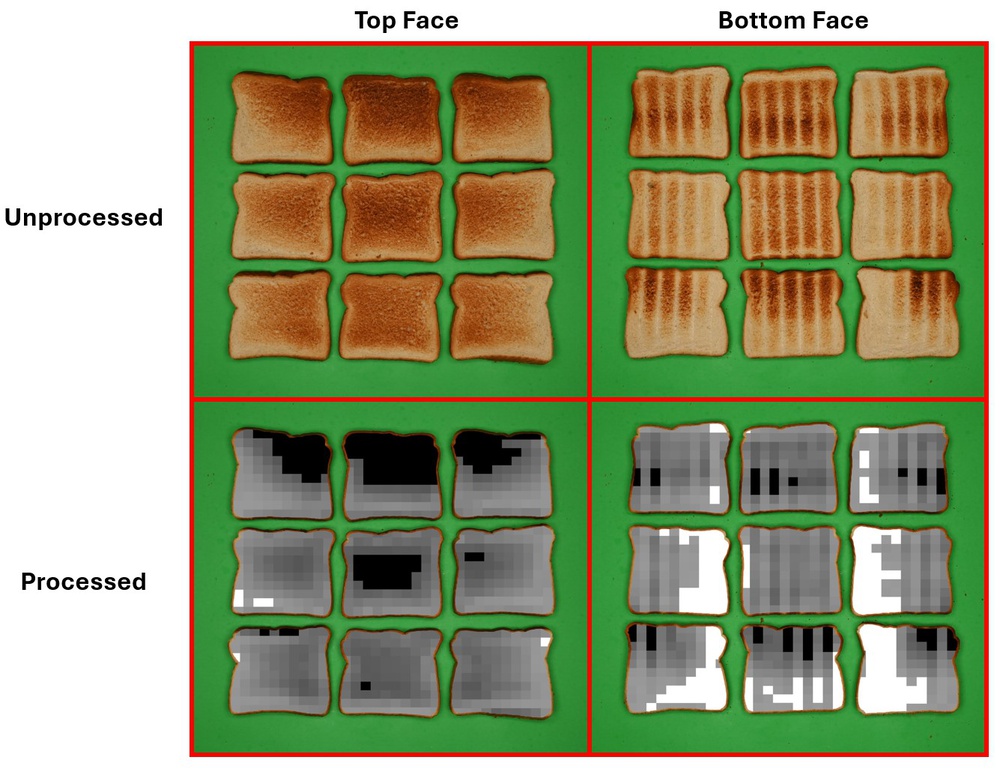 A comparison of unprocessed and processed toast images, analyzing toasting evenness. The top half shows original images of toast from both top and bottom faces, while the bottom half presents grayscale processed versions highlighting browning distribution.