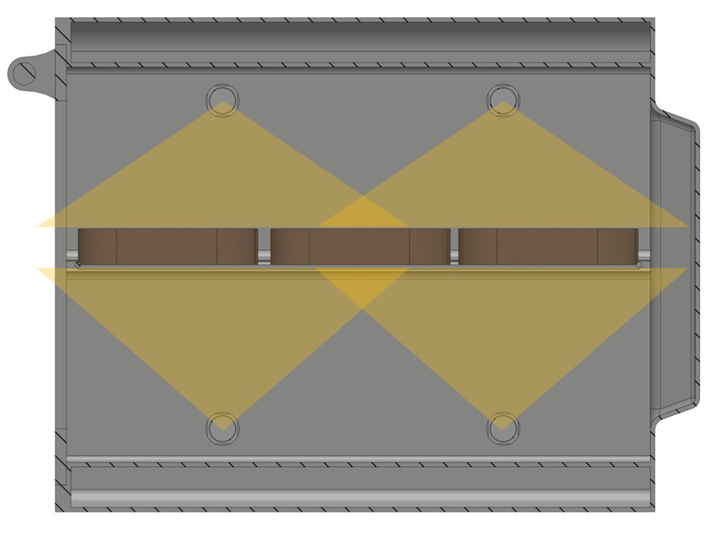 Cross-sectional view of a toaster oven showing heating element coverage. Yellow shaded areas indicate heat distribution, illustrating how the elements radiate heat toward the food inside.