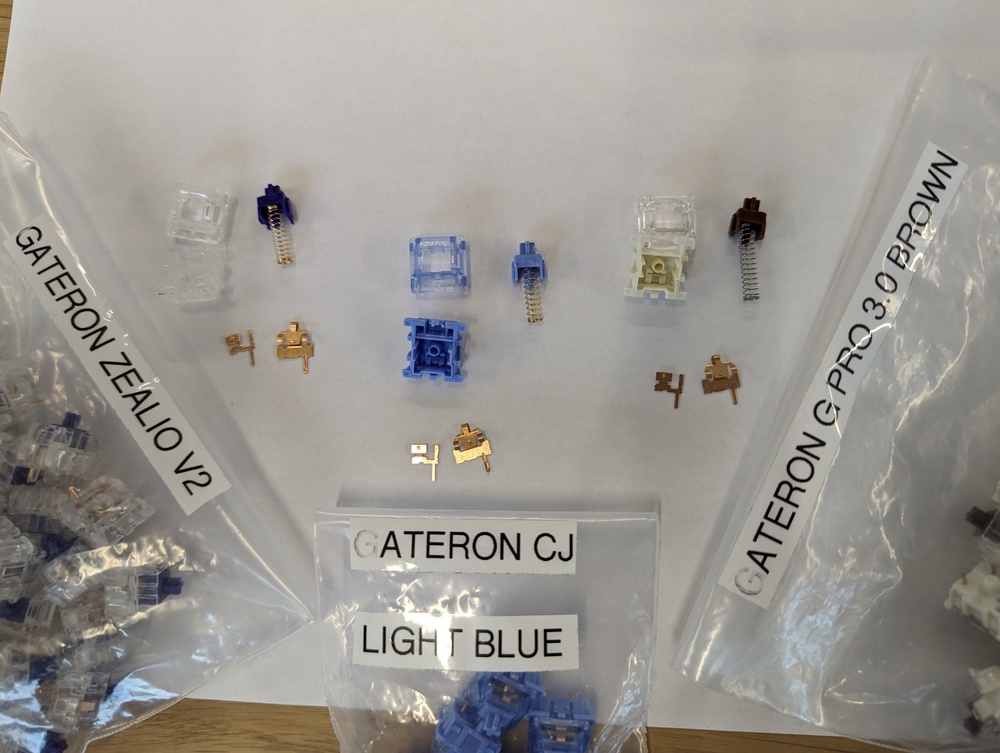 Comparison of various Gateron switch contacts  From left to right: Gateron Zealio V2, Gateron CJ Light Blue, Gateron Pro 3.0 Brown